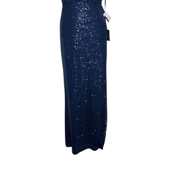 Mac Duggal Navy Blue Sequined Halter Strap Plunge Neck Gown | 8 - Picture 10 of 11